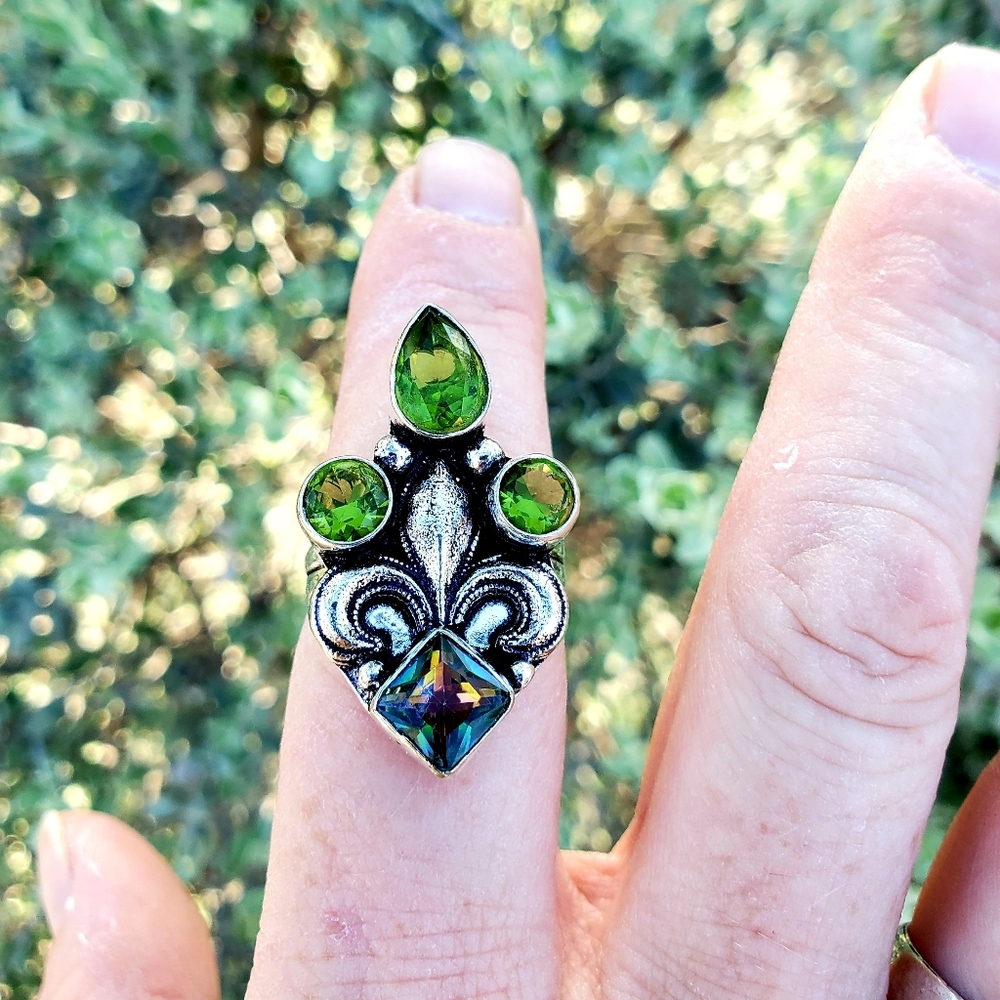 ***Sale*** New Mystic Topaz & Peridot Fleur-de-lis 925 Silver Ring._6